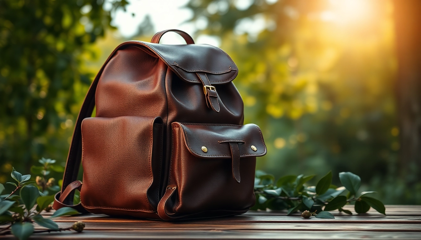 Showcasing a high-quality genuine leather backpack with intricate stitching on a wooden table.