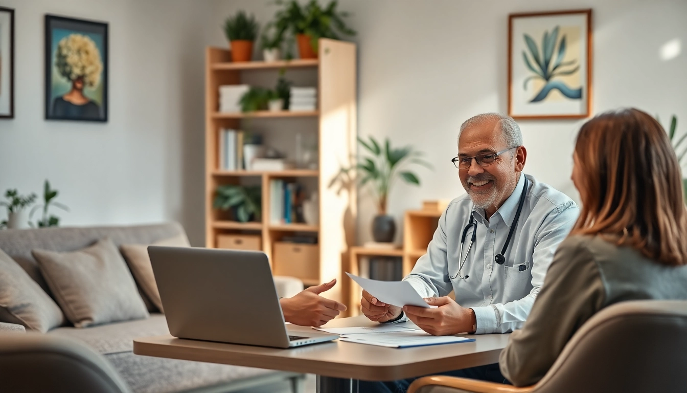Psychiatrist engaging in a consultation with a patient in a calming office setting.