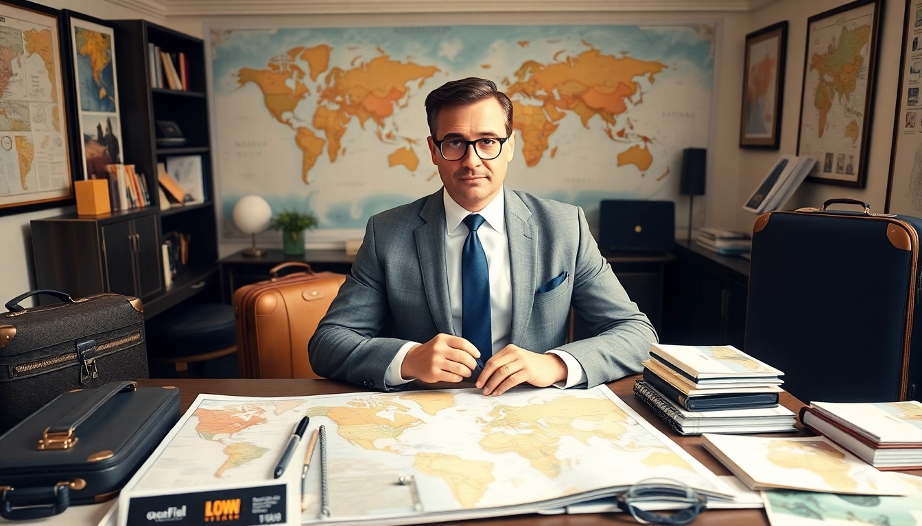 Showcasing luxury travel concierge services, a professional in a chic office organizes upscale travel plans.