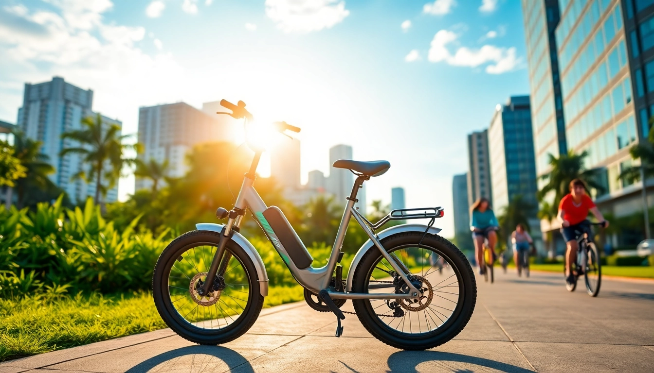 Experience the thrill of Ebike Singapore with a modern electric bicycle against a lively cityscape.