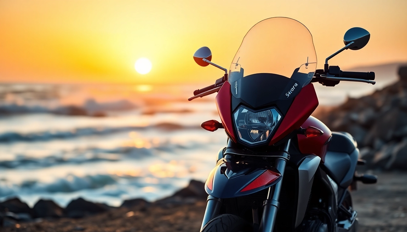Explore the unique features of a sleek windshield motorcycle in a scenic coastal setting.