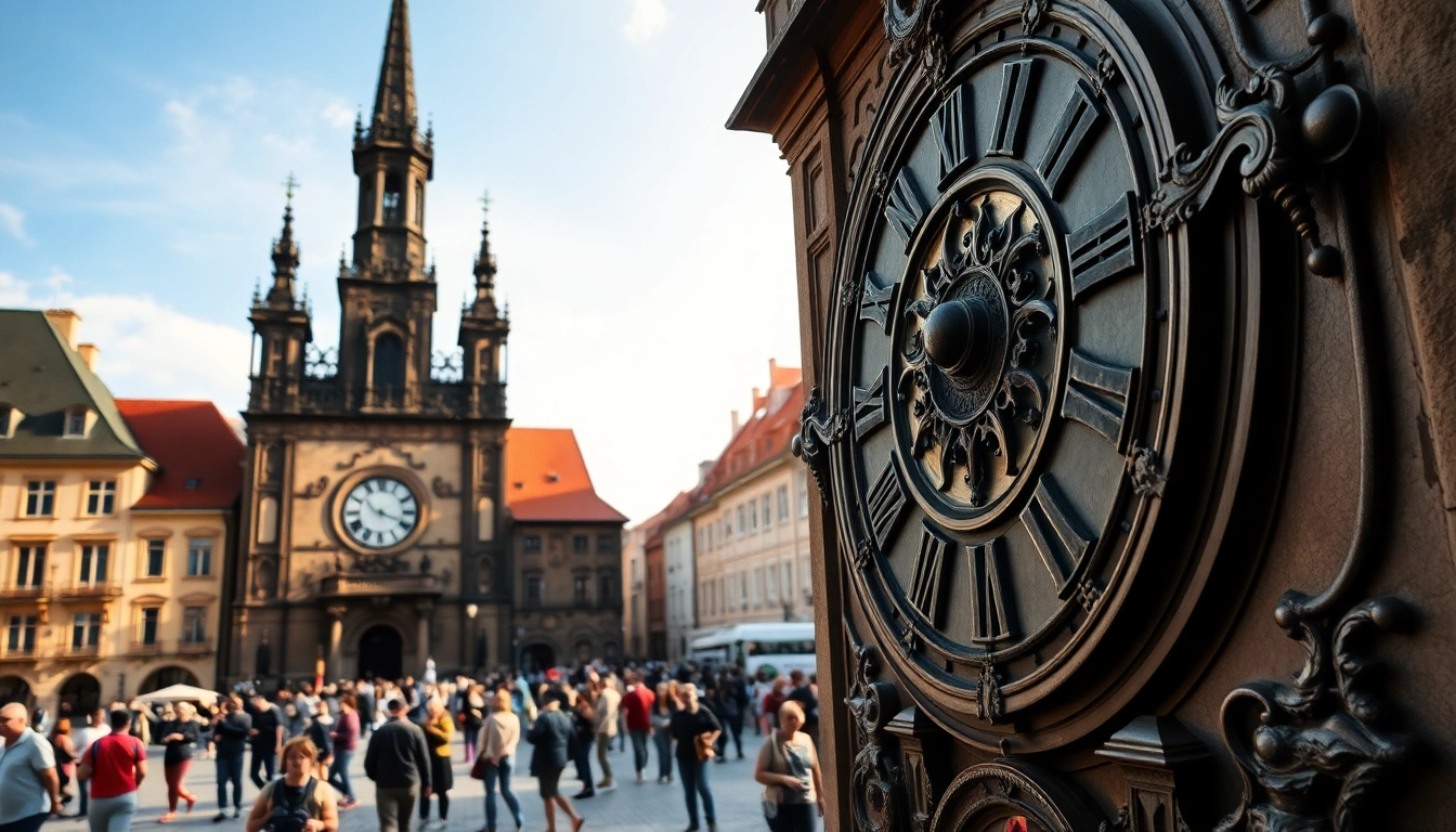 Tourists admiring the detailed features of the Astronomical Clock Prague in the Old Town Square.