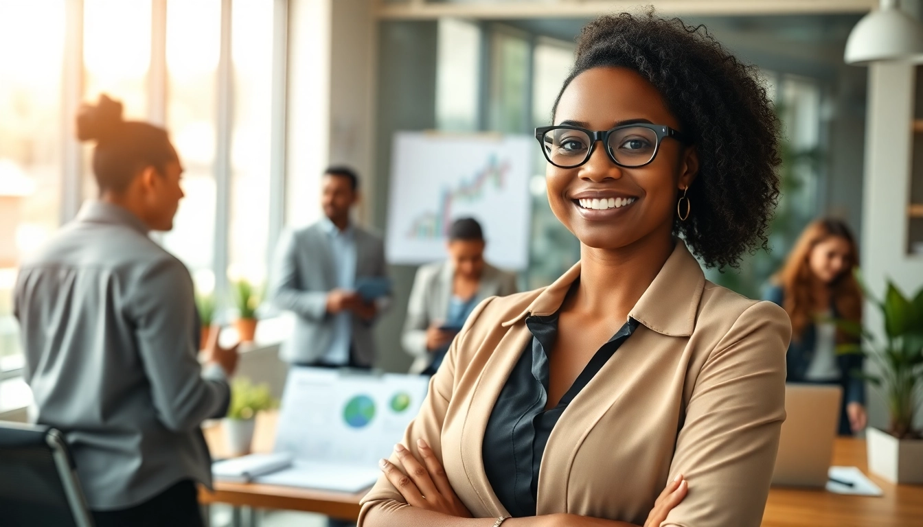 Change agent inspiring collaboration in a bright office setting with a diverse team.
