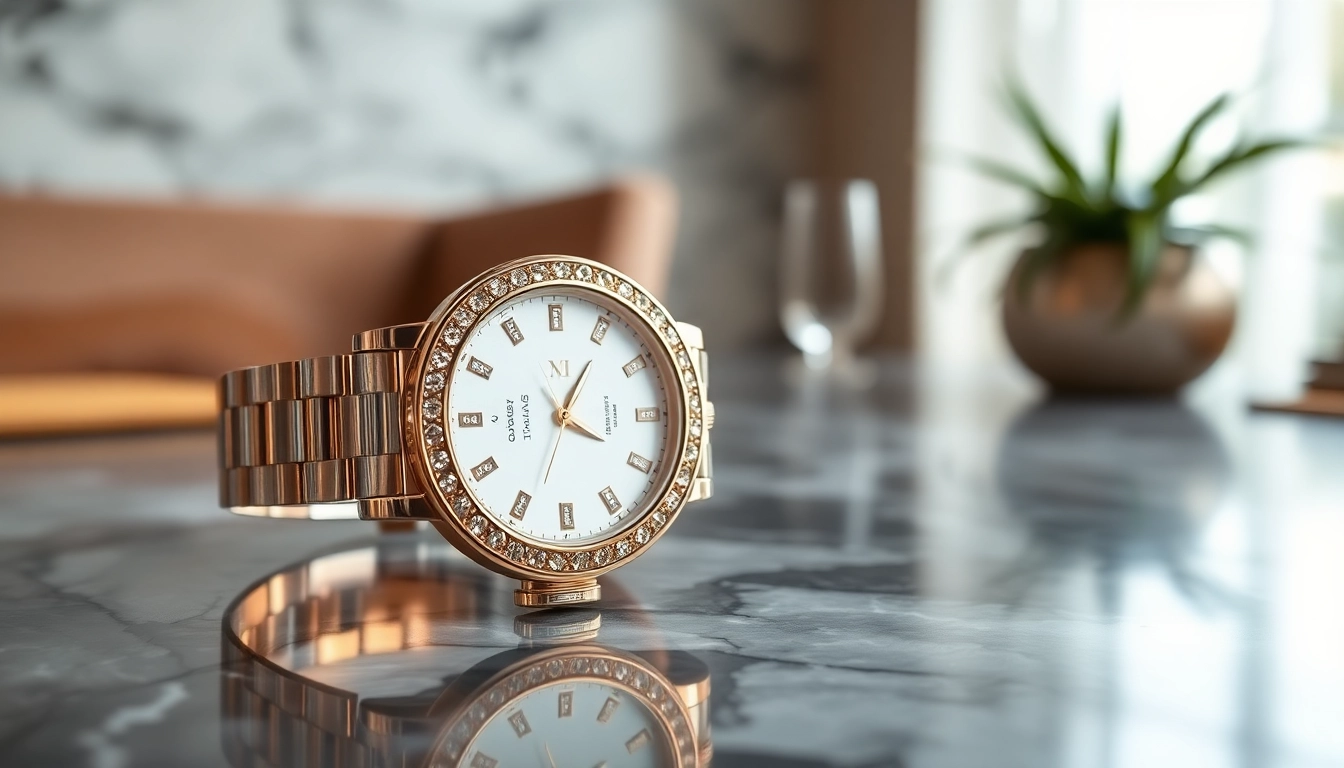 Damen Armbanduhr mit elegantem Design und luxuriösen Details auf Marmoroberfläche.