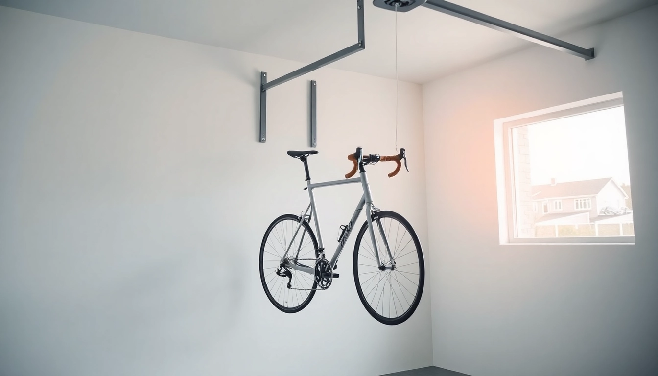Bicycle wall hanger elegantly displaying a bike in a well-organized garage setting.