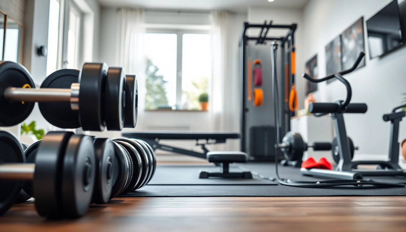 Engaging home gym equipment setup showcasing weights and a multi-functional bench for fitness enthusiasts.
