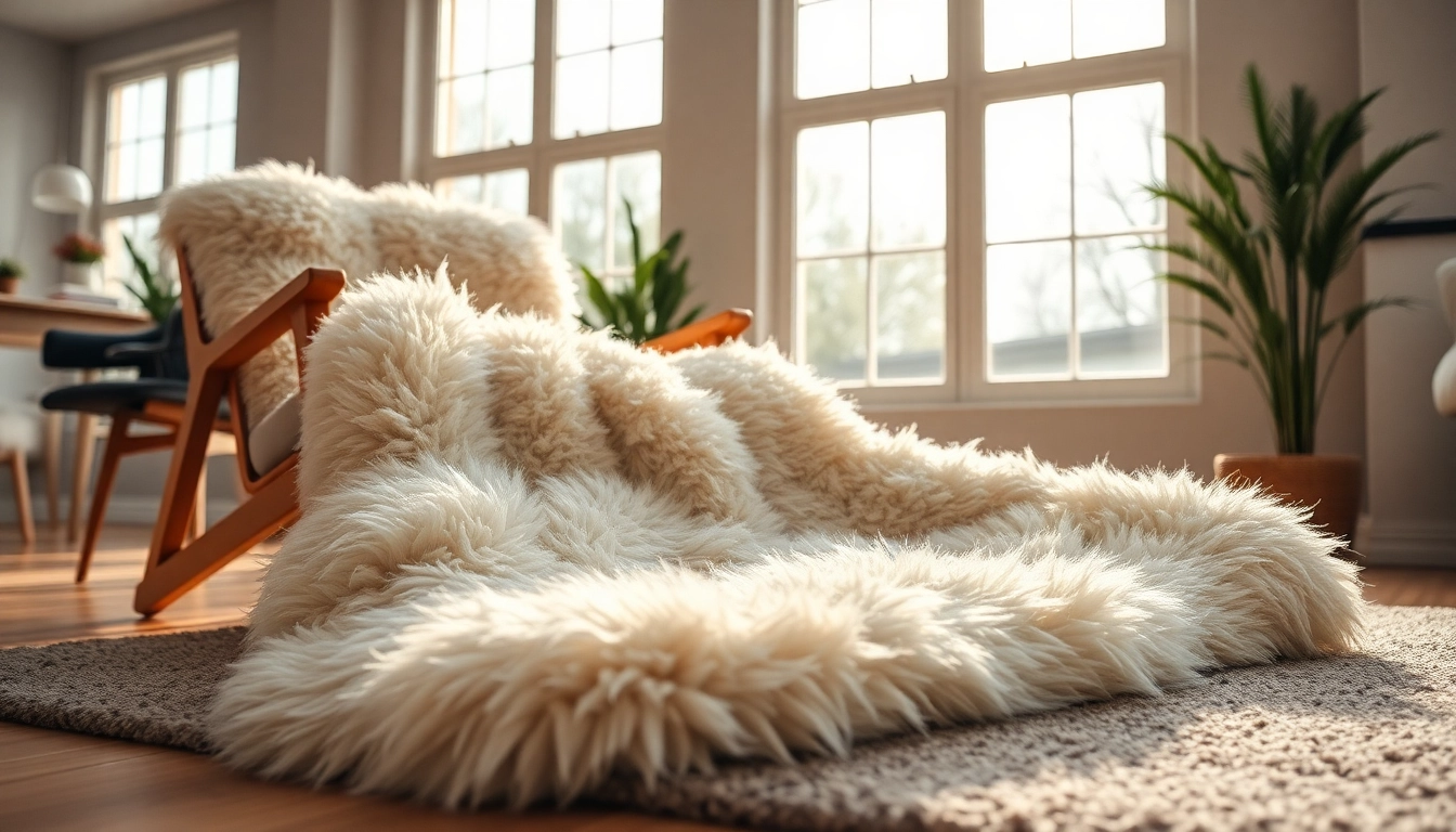 Feel the comfort of a sheepskin rug on a stylish wooden chair in a sunlit living room.