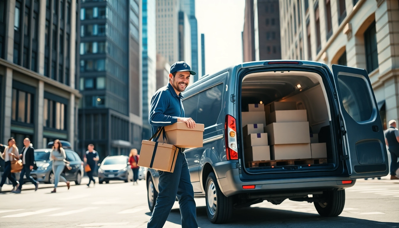 Delivering same day courier services, a driver loads packages into a van on a busy city street.
