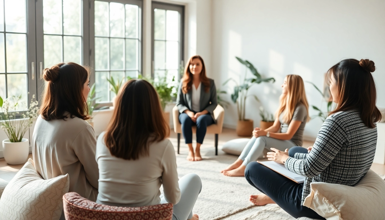 Supporting session on healing trauma with a therapist guiding attendees in a serene environment.