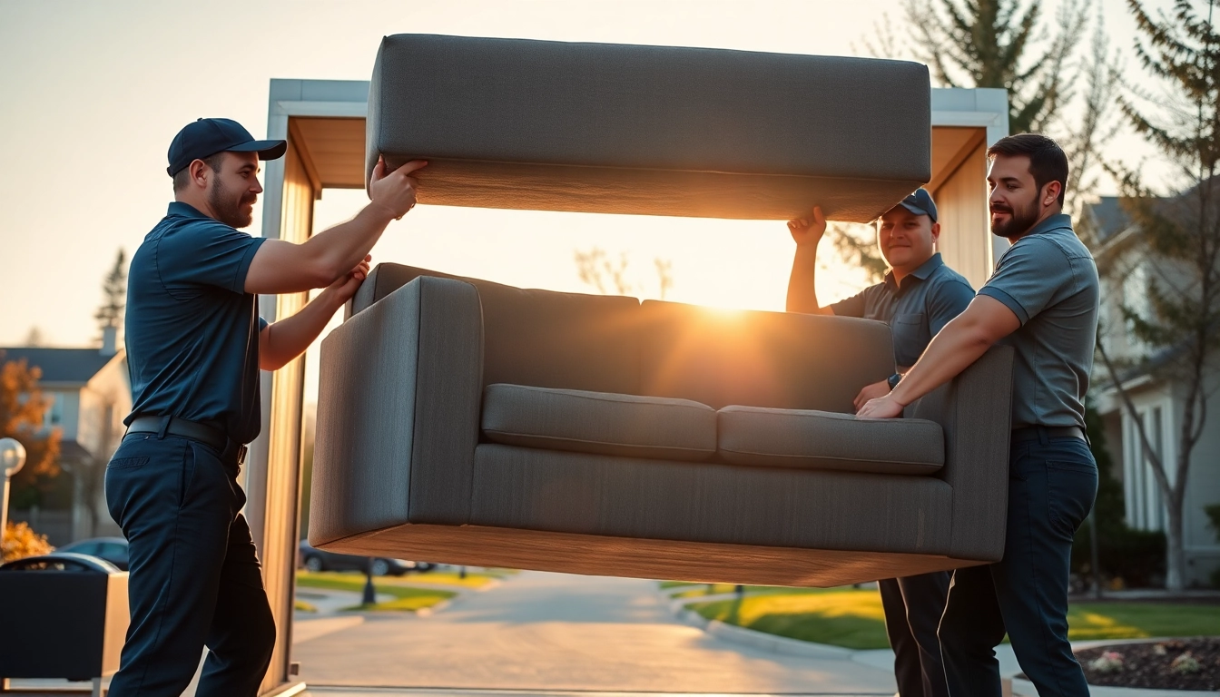Movers Calgary expertly handling furniture during a bright morning in a suburban neighborhood.