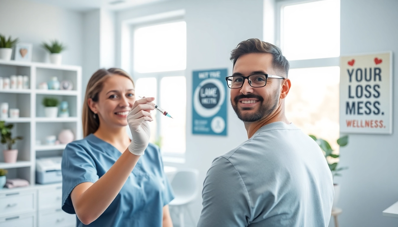 Administering weight loss shots in a professional healthcare setting with a supportive atmosphere.