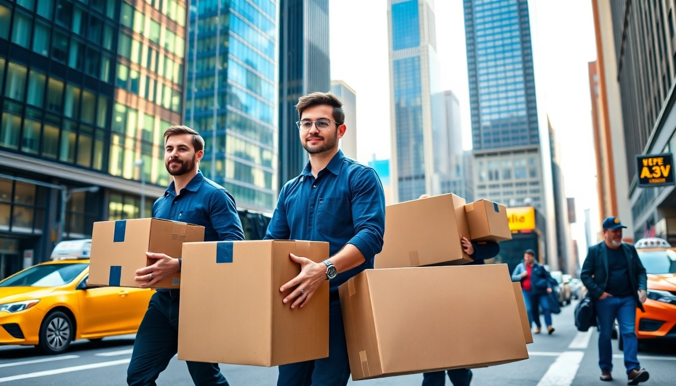 Team of the Best movers nyc efficiently lifting boxes against a vibrant city backdrop.